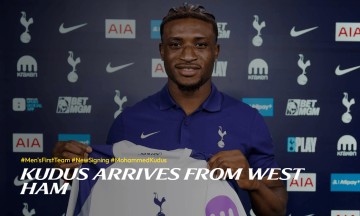 官方:热刺签下加纳前锋库杜斯 转会费5500万镑披20号